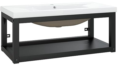 vidaXL Wall-Mounted Bathroom Washbasin Frame with Built-in Basin – Contemporary Design, Durable Powder-Coated Iron Frame, Ceramic Basin, Overflow Feature – Black