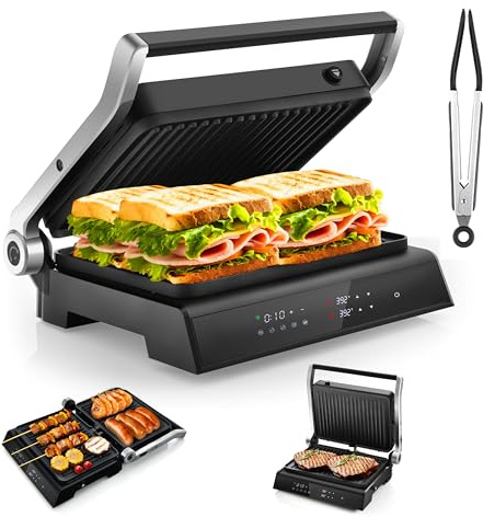 ARLIME Panini Grill Press Sandwich Maker, 180 Degrees w/5 Auto Cooking Modes & LED Display, 1200W Electric Indoor Grill with Removable Plates & Drip Tray, 3 in 1 Panini Press Grill for Breakfast