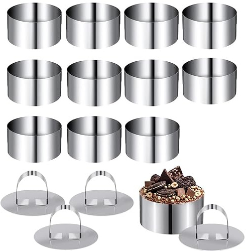 VIRSUS Coppapasta Tondi con 4 Presse in Acciaio Inox PI025, Diametro 8 cm, Anelli Rotondi con Coperchi Pusher, Stampi Monoporzione per Dessert, Torte, Frittatine di Pasta, Tartare (12)