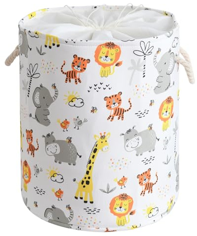 Inough Baby Laundry Basket, Kids Hamper for Room Decor, 58L Round Storage Basket with Handle for Boys' Nursery, Dirty Clothes (Animals)