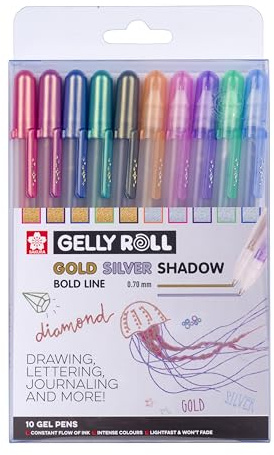 SAKURA Gelly Roll Gold & Silver Shadow Glitter Gel Pen Set of 10 | Special Metallic Effect | Pens for Writing, Drawing, Journalling & Crafts
