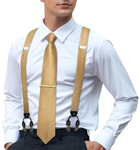 Hi-Tie Men's Suspenders and Tie Set Silk Adjustable Elastic Y Braces with Strong 6 Clips Pocket Square Set