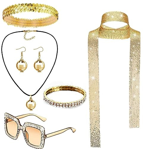 Kielsjajd 6 Stück Discokugel Spiegelkugel Schmuck Set Ohrringe Halskette Armband Strass Sonnenbrille Haarband Disco Accessoires für Party Karneval 70er 80er Jahre Kostüm Zubehör für Damen Herren