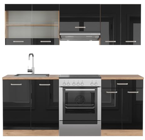 Vicco Küchenzeile R-Line, Schwarz Hochglanz/Goldkraft Eiche, 200 cm | 5 Module · Höhenverstellbare Füße · Ohne Arbeitsplatte · Robuste Fronten · Mit Glasschrank · Frei kombinierbar