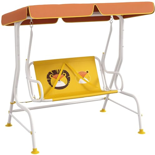 Outsunny Balancín de Jardín Exterior Columpio de Jardín Infantil de 2 Plazas con Patrón de León Toldo Ajustable en Ángulo Carga 60 kg 110x70x110 cm Amarillo
