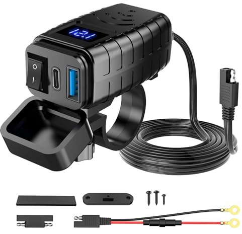 UrbanHomes USB Moto 12V Toma, Cargador USB Moto, PD Tipo C Y Cargador USB con Interruptor Encendido/Apagado, Toma USB-C 6.4A Quick Charge 3.0 para Moto 12V~24V, Autocaravana, Barco, Coche, Negro