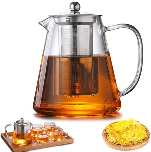 Théière avec infuseur et couvercle, 1300 ml, en verre borosilicate, théière en verre avec infuseur amovible, robuste et résistante à la chaleur pour thé en vrac, thé aux fruits, thé parfumé