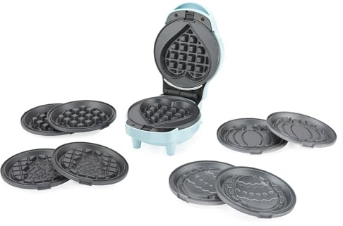 Giles & Posner EK6220GSBL Mini Waffle Maker – 5-in-1 Non-Stick Removable Cooking Plates for Celebrations, Christmas, Valentines, Halloween, Easter Waffles, Cool Touch, Easy Clean, Snack Maker, Blue