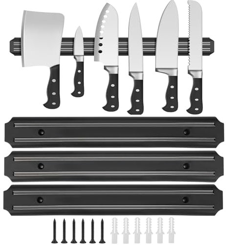 3 Piece Magnetic Knife Strips, 33cm/13inch Magnet Knife Holder for Wall, Magnetic Knife Rack Set, Load-Bearing 500-800g Knife Magnet, Black Multipurpose Tool Holder, for Kitchen, Workshop, Office