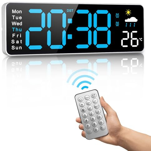Orologio da Parete Digitale,12Grande Orologio Digitale con Telecomando,Multifunzionale Orologio da Parete da Può Testare le Previsioni Meteorologiche Sull'umidità,Per Soggiorno Ufficio aula,Blu