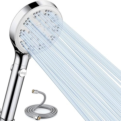 Duschkopf Wassersparender, Sparduschkopf, Duschkopf mit Schlauch 1.5m, 5 Strahlarten Wassersparender Handbrause Mit Stoppfunktion, Duschbrause mit Antikalk-Funktion, Chrom