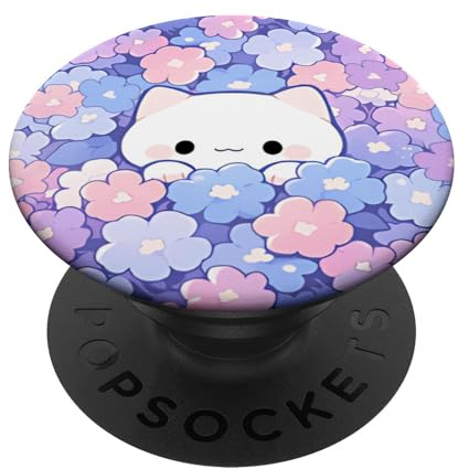 Kawaii süße weiße Katze, die Sich im Frühlingsblumen-Design versteckt PopSockets Klebender PopGrip