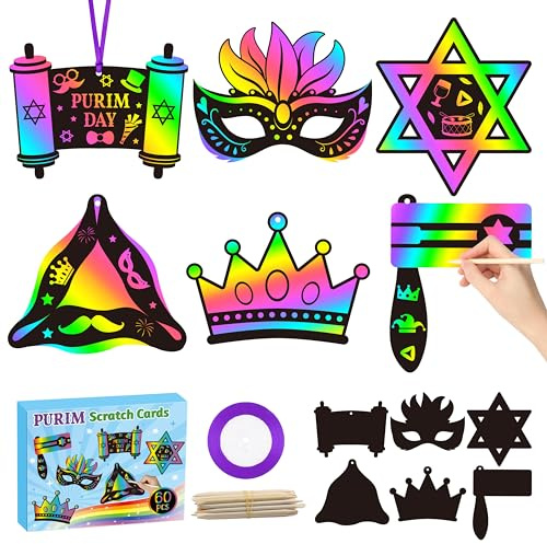 CY2SIDE Purim Day Rubbelkarten – 60 Stück, jüdische Feiertage, magische Farbe, Regenbogen-Papier, Lesezeichen, Bastelsets für Kinder, Sonntag, Schule, Klassenzimmer, Aktivitäten, Kunstprojekte,