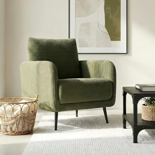 Sicaan Fauteuil Design Velours côtelé Vert Sauge Emma 71 x 75 x 81 cm Structure Bois Massif contreplaqué Pieds Acier Noirs Assise Mousse polyuréthane Contemporain