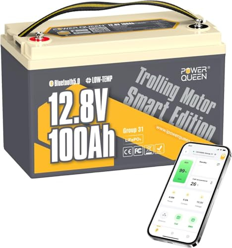 Power Queen 12 V 100 Ah Bluetooth Batteria LiFePO4 con 100 A BMS, bassa autoscarica, Low-Temp Auto Cut Off App Control Batteria al litio per sistema solare domestico, Campeggio, Caravan, Barca