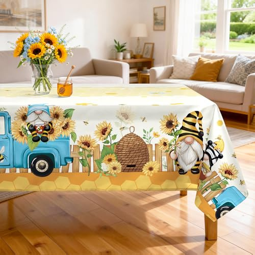 Arquiel Polyester Tischdecke mit Sonnenblumemotiv, Waschbar, 140 x 180 cm | Wiederverwendbare, Waschbare Polyester Tischdecke mit Gelb Blume GNOME muster für Küche, Esszimmer und Festliche Tischdeko