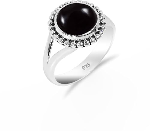 HIMALYA QUARTZ Ring Verlobung Damen 925 Silber Mit Stein Schwarzer Onyx rund 10mm Edilstein Herren Vintage Boho Stil HQ-SR34-BONYX-9.5