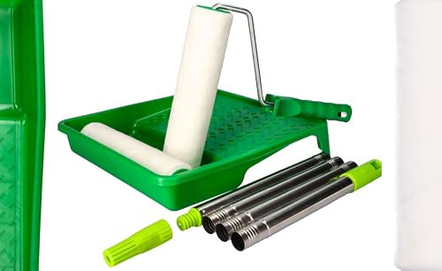 ToolSpace Malerset - 2x Farbroller Velours 25 cm Edelstahl Teleskopstange (0,6-1,5m) Set Farbwanne Lackrolle Teleskopstab Teleskopstiel mit Lackierwalzen Malerzubehör für Acryl Latex Lackier Wandfarbe