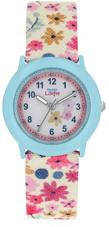 Prinzessin Lillifee Orologio al quarzo analogico per bambine con cinturino in tessuto, blu, resistente all'acqua fino a 3 bar, fornito in confezione regalo, 2039503, Fiori Blu