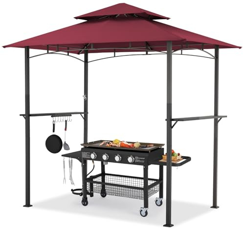 YODOLLA 2.5m Double-Tier BBQ Gazebo, 8x5ft Grey Grill Canopy with Stable Frame, Outdoor Garden Patio Barbecue Grill Tent Deck Cover, Weatherproof BBQ Shelter for Patios/Gardens/Decks(Red)