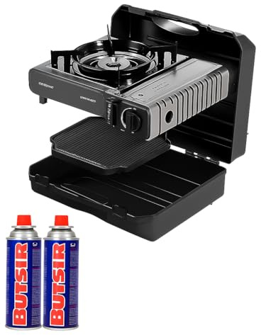 FYSHOP | Pack Camp Bistro 3 Combo Hornillo y Plancha + 2 botes de gas | Hornillo Camping de 1 Quemador | Cocina portátil compacta para Exteriores