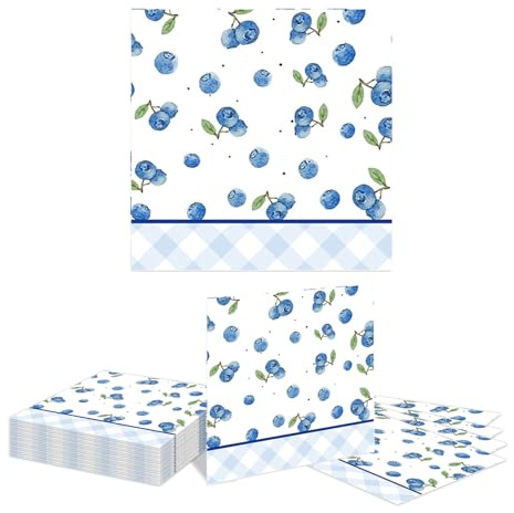 Kotkiddy 20 Pezzi Tovaglioli Cocktail Mirtillo Monouso Tovaglioli di Carta per Bevande con Strisce Blu Vichy Estivi Mirtillo Articoli per Feste di Compleanno