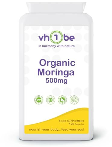Organic Moringa Capsules 500mg – 120 Vegan Moringa Leaf Capsules | High Strength Malunggay Oleifera Supplement for Energy, Immunity & Antioxidant Support | Pure & Organic, Non-GMO, UK Made by vh1be