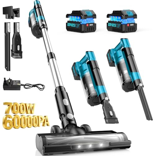 Lazenry Cordless Vacuum Cleaner, 700W 60KPA Stick Vacuum with Two Detachable Battery, Up to 70 Mins Runtime, Touch Screen, Wall Mount Charging, Anti-Tangle Stick Vacuum, for Pet Hair Carpet