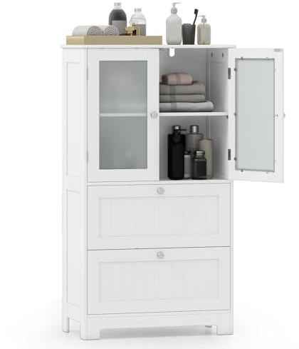 GOPLUS Badezimmerschrank, Badschrank mit Doppeltüren & 2 Schubladen, Aufbewahrungsschrank für Wohnzimmer, Küche & Eingangsbereich, Weiß