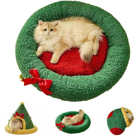 Pawsmas Christmas Tree Triangle Cat Cave Bed, Warmes Weihnachtsbaum-Katzenbett, Weihnachtsbett für Indoor-Katzen, Weihnachten Katzenhöhle, Weich Weihnachtsbaum Haustierbett für Katzen und Hunde (A)