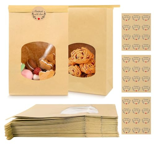 JDCMEI 25 Stück Papiertüten mit Fenster, 17x9x6cm Braun Plätzchentüten aus Kraftpapier, Kraftpapier Tüten mit Verschlussclips, Kekstüten Keksbeutel mit Aufkleber für Süßigkeiten, Keks, Gastgeschenke