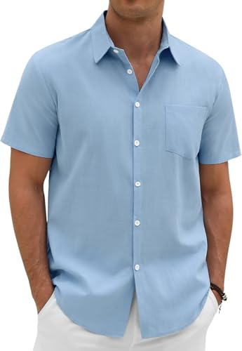 Lonya Men's Linen Cotton Shirts Summer Short Sleeve Regular Fit Shirt Casual Smart Button Down Tops Work Holiday Beach Shirt with Pocket, Light Blue, XL