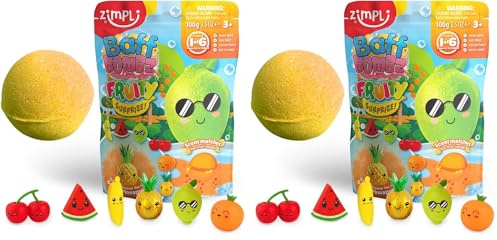 ZIMPLI - Grande Fruity Surprise Bombe de Bain, 6 Jouets Surprises à Base de Fruits à Collectionner au Total, Un par Bombe de Bain, Bombes de Bain pour Enfants avec Surprise à l'intérieur (Lot de 2)