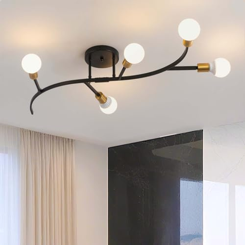 Lrenjon Deckenleuchte Wohnzimmer Vintage Deckenlampe Schlafzimmer Schlafzimmerlampe Industrial E27 5 Lichter Wohnzimmerlampe Für Restaurant Küche Café Schwarz/Gold 86CM （Glühbirne Nicht Enthalten）