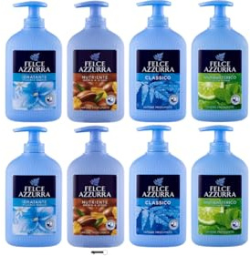 Felce Azzurra - Set di test per sapone liquido, 4 diverse fragranze, 8 x 300 ml, con portachiavi gratuito