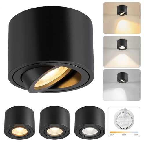 GBLY 4 Stück LED Aufbauspot Schwarz Spots Deckenleuchte Dimmbar Ø80x50mm | Extra Flach Deckenspots 3000K/4000K/6500K Aufputz Deckenleuchte Aluminium LED 30°Schwenkbar Aufbaustrahler Rund