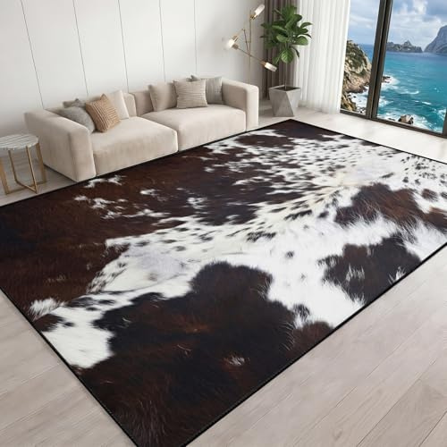 YAKINOE Cow Print Area Rugs 120x170cm Rustic Brown White Cowhide Rug, Farmhouse Animal Print Carpet Washable Low-Pile Rug for Bedroom Western Living Room Rugs with Rubber Backing