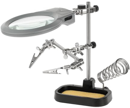 KEMOT NAR0150 Lötständer-Dritte Hand mit Zwei Klemmen, Lötkolbenhalter und LED-Lupe, 0.4 W, 4.5 V, Grau/Silber/Schwarz