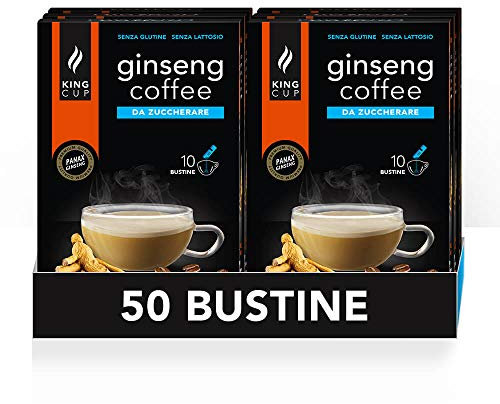 King Cup - 5 Paquets de 10 Sachets Solubles de Ginseng Sans Sucre, 50 Stick de 6 Gr pour Boisson Aromatisée Ginseng à Ajouter à 60 ml d'Eau Chaude, Sans Gluten et Sans Lactose