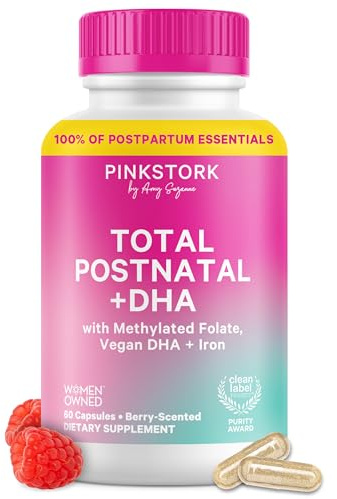 Pink Stork Total Postnatal Vitamins for Women | Vegan DHA, Iron, Folate, B12 | Postpartum Recovery Essentials | Lactation Support for Breastfeeding Moms | Clean Label Award Winner- 60 Capsules, Berry
