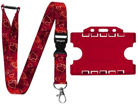 Rolseley Lanière tour de cou avec clip en métal, motif cœurs rouges, ouverture de sécurité en plastique + porte-cartes double face rouge