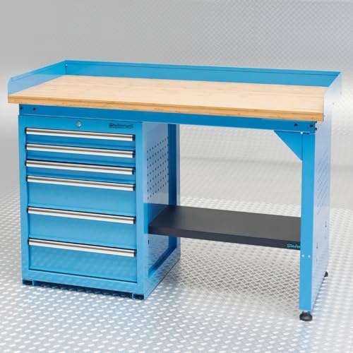 Werkbank PRO, Blau mit Bambus Arbeitsplatte - 6 Schubladen - 150 cm