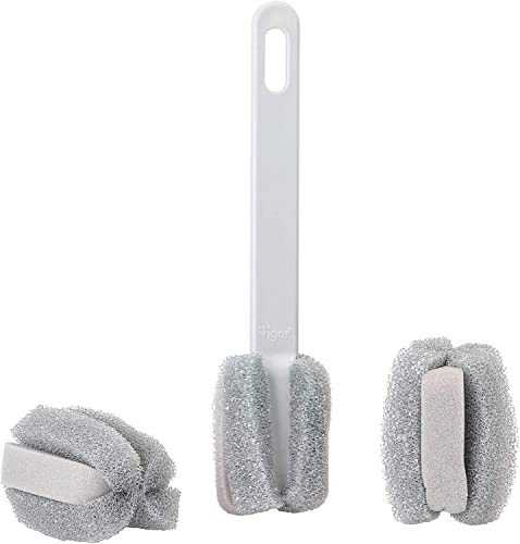 Vigar Essential Glass and Bottle Scrubber with 2 Refills, Combination Sponge Brush Head, Non-scratch, Hanging Loop, Dishwasher Safe