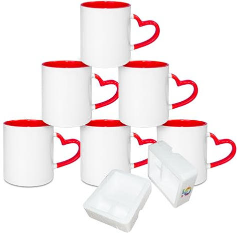 MR.R Set mit 6 Sublimationsbechern, blanko, 333 ml, spülmaschinengeeignet, Keramikbecher, Sublimationsbecher, blanko, klassische Tasse mit rotem Innenbecher und Herzgriff