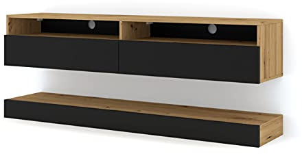 BIM Furniture Meuble TV Suspendu, Banc TV Mural, Rangement Design Épuré pour Salon Séjour, Chêne Artisan/Noir Mat L 160 X P 34 X H 30 cm