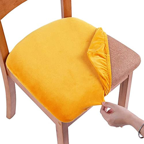 Homaxy Velvet Dining Chair Seat Covers Set of 4, Stretch Slipcovers with Ties, Removable Washable Seat Protector Cover, Mustard Yellow