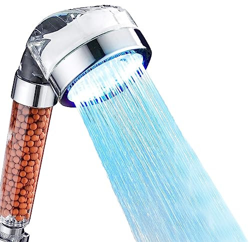 Soffione doccia a LED con filtrazione ionica, filtro di alimentazione ionica con perline, ad alta pressione, risparmio d'acqua, 7 colori che cambiano luce per fissare pelle secca e capelli, per