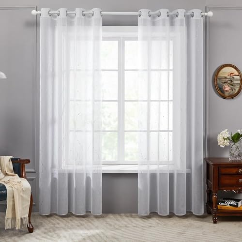 Deconovo Tende per Interni Finestre Soggiorno 140x245 CM 2 Pezzi, Tende Voile Trasparenti Stampate Puntini per Cameretta Bambini Eleganti, Bianco-Puntini