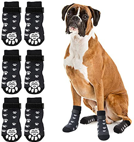 RANYPET 3 Paar Indoor Anti-Rutsch Socken für Hunde - Weicher Verstellbarer Pfotenschutz für Alter Hund mit Riemen Traktionskontrolle für den Innenbereich auf Hartholzböden L