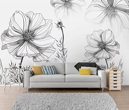 Papier Peint Panoramique Croquis De Lignes De Fleurs En Noir Et Blanc Papier Peint Intissé 3D Murale Tableaux Muraux Tapisserie Salon Chambre